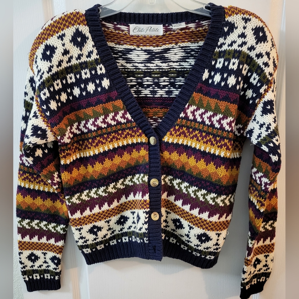 Elite Petite Cardigan Sweater Sz S Fall Shoulder Pads